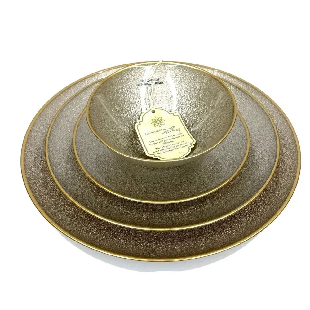 Turkish Glass 7 Bowls Set Gold Textured Gold Rim 6.2